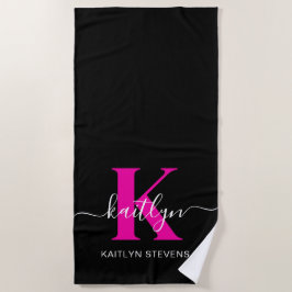 Toalha De Praia Monograma Elegante Preto e Rosa Script