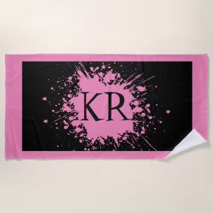 Toalha De Praia Monograma Elegante Rosa Preto com Salpico Rosa Leg