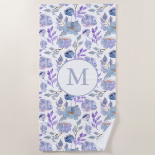 Toalha De Praia Monograma Floral Bonito Azul Lilado com Cor Aquát