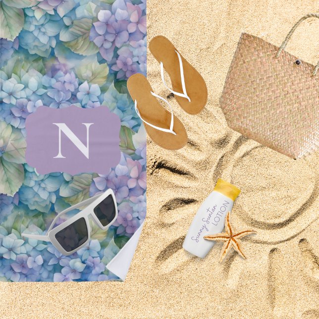 Toalha De Praia Monograma Floral Hydrangea Purple Personalizado (Criador carregado)