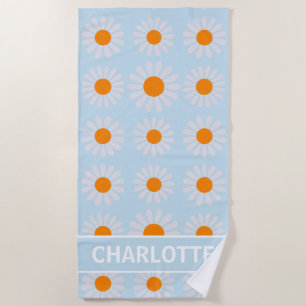 Toalha De Praia Monograma Floral Retro Cor - de - laranja azul