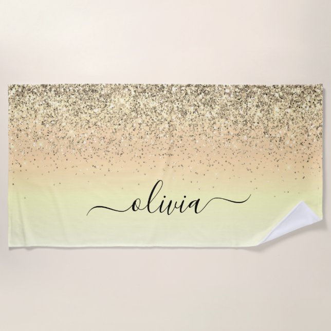 Toalha De Praia Monograma Glitter de Luxo Dourado (Frente)