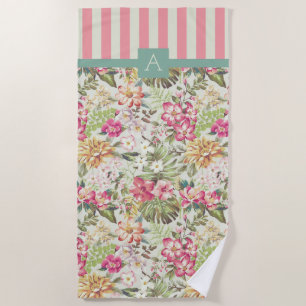 Toalha De Praia Monograma havaiano floral & das listras  