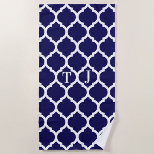 Toalha De Praia Monograma Incrível Padrão Quatrefoil Azul-Marinho