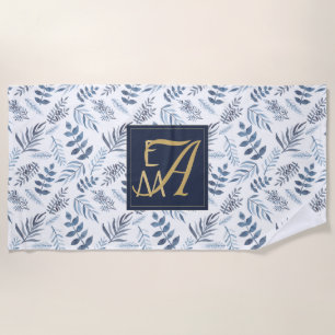 Toalha De Praia Monograma Marinho Azul Dourado Folhas Botânicas Fo