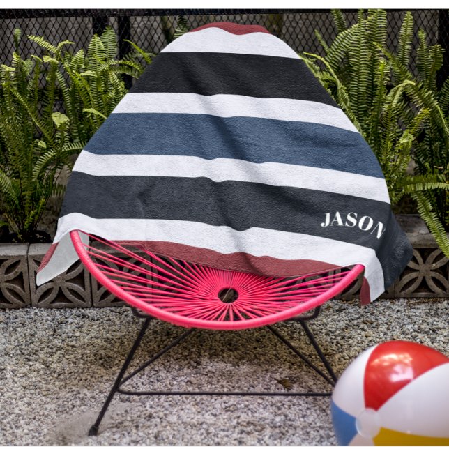 Toalha De Praia Monograma Moderno Vermelho Azul Branco Escuro, Esc (Criador carregado)