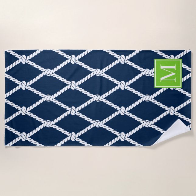 Toalha De Praia Monograma Náutico Preppy Costeiro – Azul Marinho e (Frente)