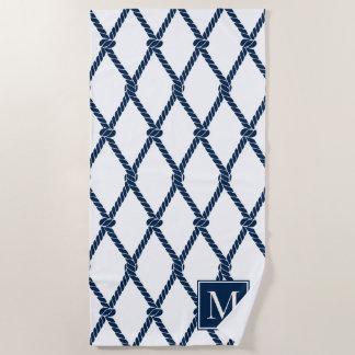 Toalha De Praia Monograma Náutico Preppy Costeiro – Branco e Azul