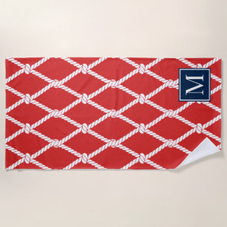 Toalha De Praia Monograma Náutico Preppy Costeiro – Vermelho & Azu