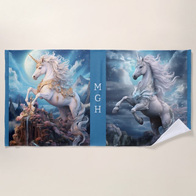 Toalha De Praia Monograma Personalizado Belos Unicórdios (Frente)