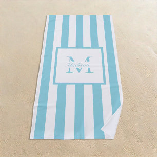Toalha De Praia Monograma Personalizado Branco Azul Estético Retro