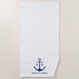 Toalha De Praia Monograma personalizado branco marinho âncora náut