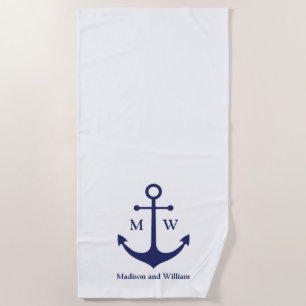 Toalha De Praia Monograma personalizado branco-marinho azul-âncor
