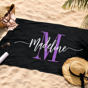 Toalha De Praia Monograma Personalizado com Nome em Script Preto R