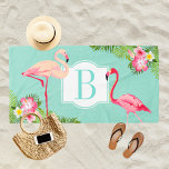 Toalha De Praia Monograma Personalizado de Aqua Tropical e Flaming<br><div class="desc">O design personalizado de toalha de praia apresenta um nome próprio personalizado ou um monograma inicial/letra de família emoldurado por um flamingo bonito e palmeiras tropicais exuberantes e flores de hibisco. As cores vibrantes incluem cor rosa, magenta, amarela, verde, marisco e azul aqua. Esta toalha no estilo havaiano é perfeita...</div>