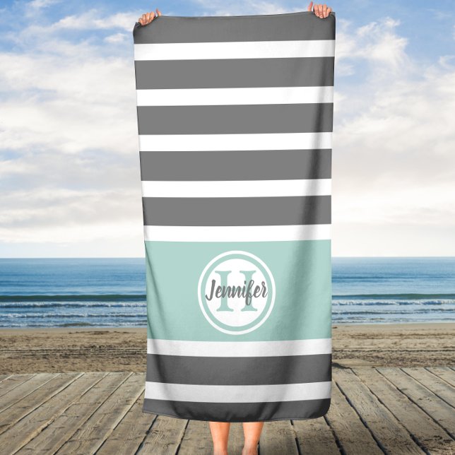 Toalha De Praia Monograma Personalizado de cinzas e Estrias de Cas (Criador carregado)