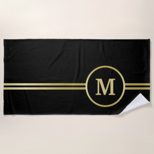 Toalha De Praia Monograma personalizado de ouro elegante a preto