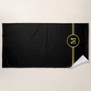 Toalha De Praia Monograma personalizado de ouro elegante a preto