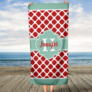 Toalha De Praia Monograma Personalizado do Quatrefoil Coral Mint