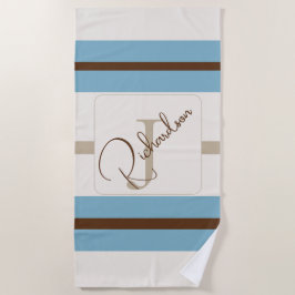 Toalha De Praia Monograma Personalizado Listra Azul Marrom Costeir