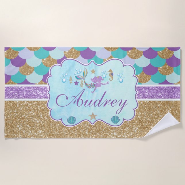Toalha De Praia Monograma Personalizado Sereia de Praia (Frente)