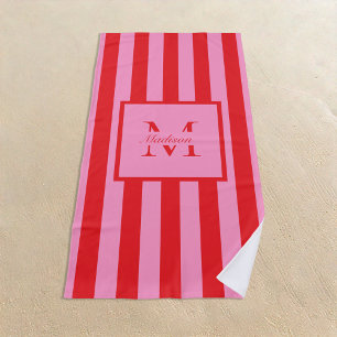 Toalha De Praia Monograma Personalizado Vermelho Cor-de-Rosa Retro