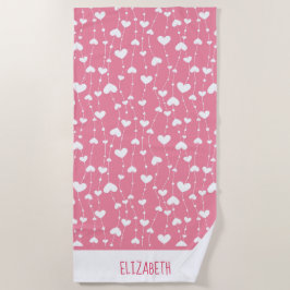 Toalha De Praia Monograma Personalizar Corações Brancos Rosa