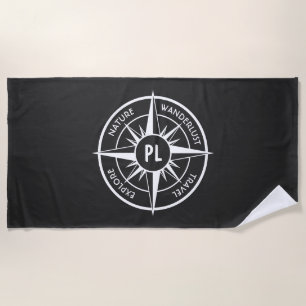 Toalha De Praia Monograma preto e branco do emblema da estrela da 