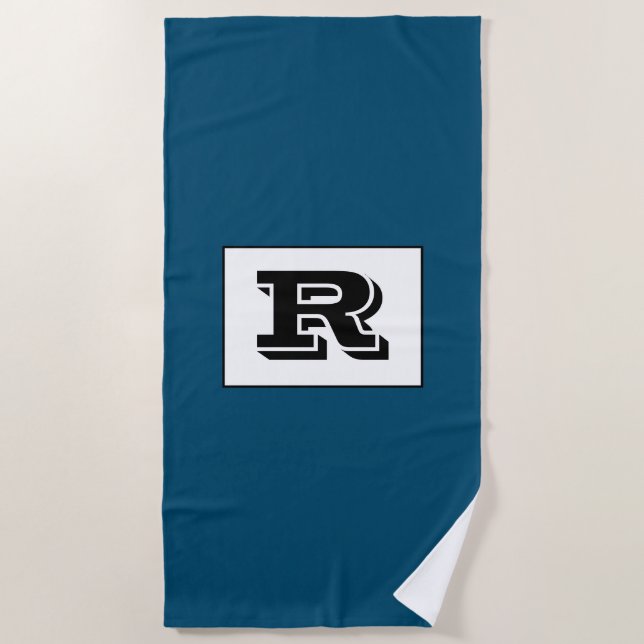 Toalha De Praia Monograma preto esboçado grande, azul oceânico (Frente)