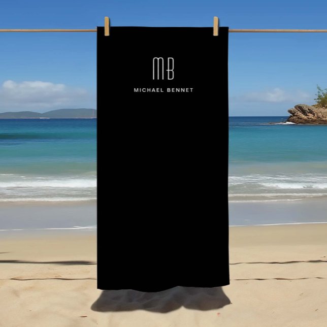 Toalha De Praia Monograma preto moderno (Modern Black Monogram Beach Towel)