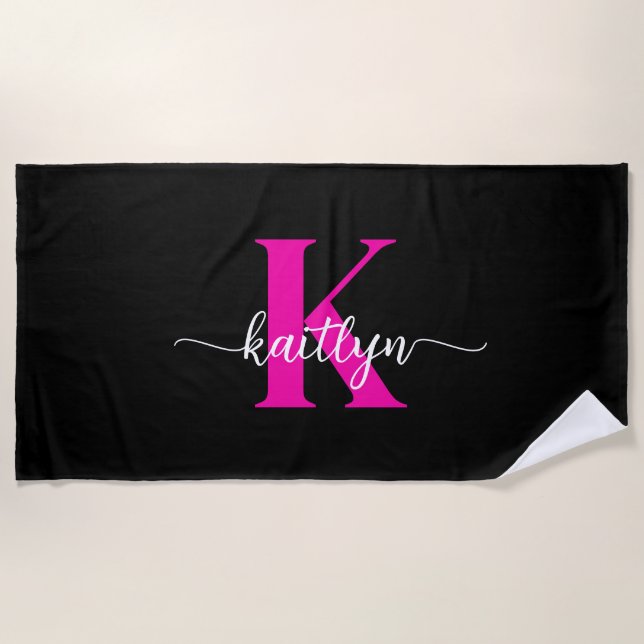 Toalha De Praia Monograma Rosa Preto (Frente)