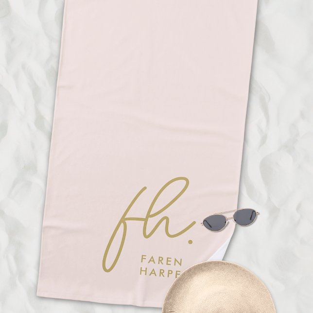 Toalha De Praia Monograma Script Simples Blush Chic Monograma Dour (Criador carregado)