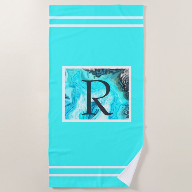 Toalha De Praia Monogramas White Stripes Agate Art Elegante (Frente)