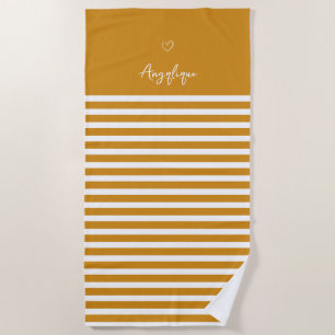 Toalha De Praia Mononograma de Coração Moderno Amarelo e Stripes
