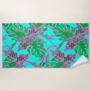 Toalha De Praia Monstera Palm Folcoleus Turquesa tropical rosa