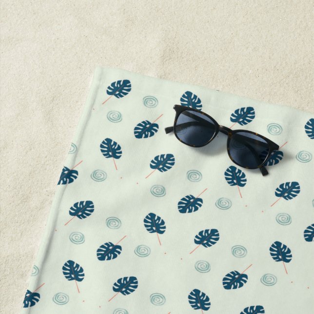 Toalha De Praia Monstera tropical deixa monograma em azul (In Situ)