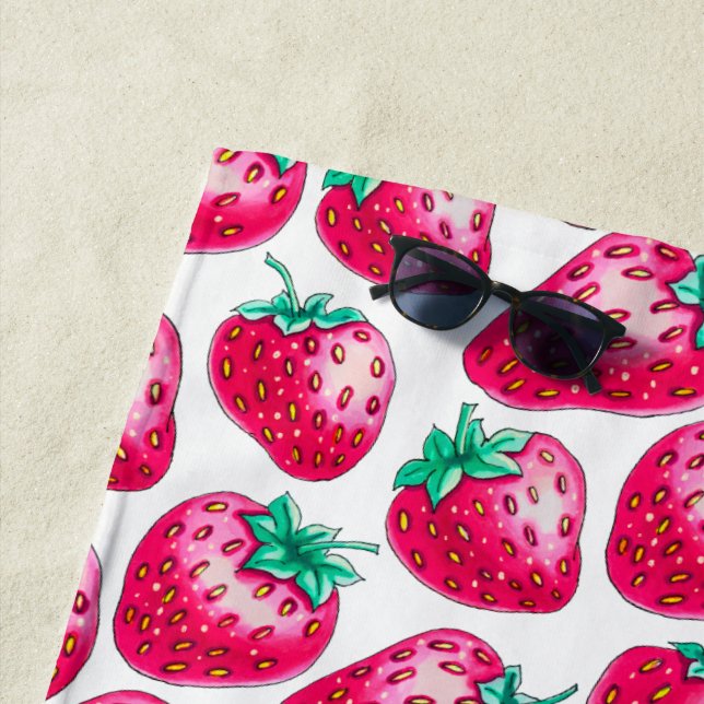 Toalha De Praia Morango cor-de-rosa no fundo branco (In Situ)