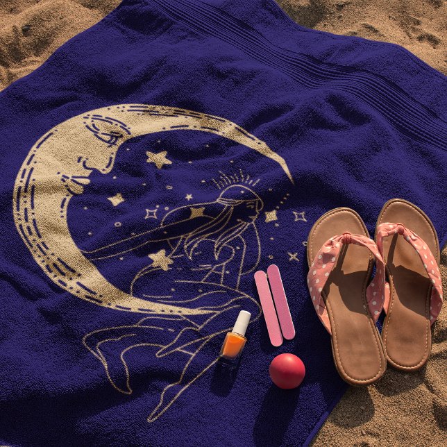 Toalha De Praia Mulher celestial lua e estrelas,boho,ouro elegante (Criador carregado)