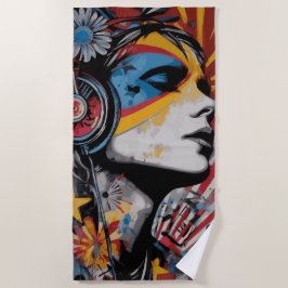 Toalha De Praia Mulher com Fones de Ouvido Retrato de Arte de Rua