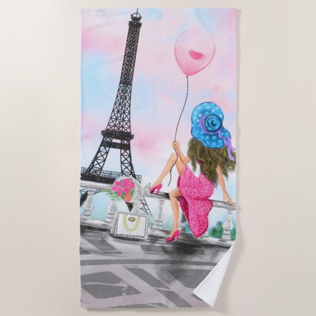 Toalha De Praia Mulher Em Paris Beach Towel Torre Eiffel (Frente)
