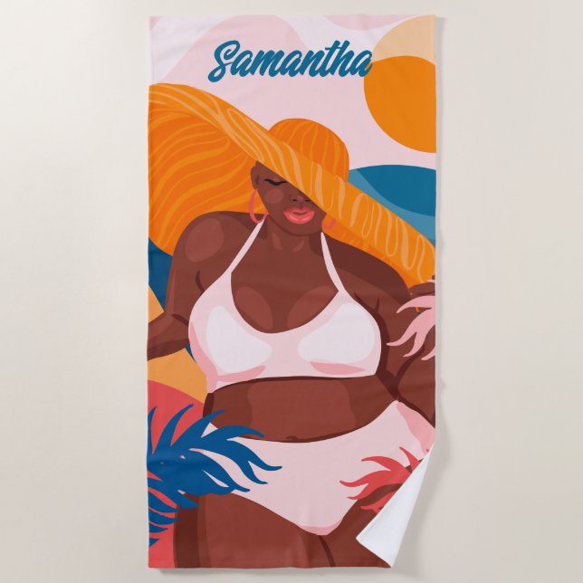 Toalha De Praia Mulher Negra Curvy, Pronta para Férias de Praia, N (Frente)