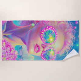 Toalha De Praia Mulher Neon Glamorosa com Óculos Espumantes