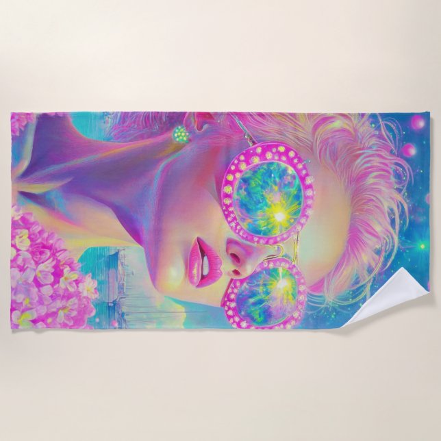 Toalha De Praia Mulher Neon Glamorosa com Óculos Espumantes (Frente)
