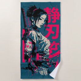 Toalha De Praia Mulher Samurai Katana Arte de Rua Japonesa Kanji D