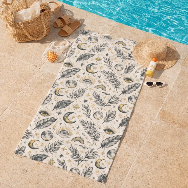 Toalha De Praia Mystical Celestial Moon Stars Pattern Custom Name (Criador carregado)