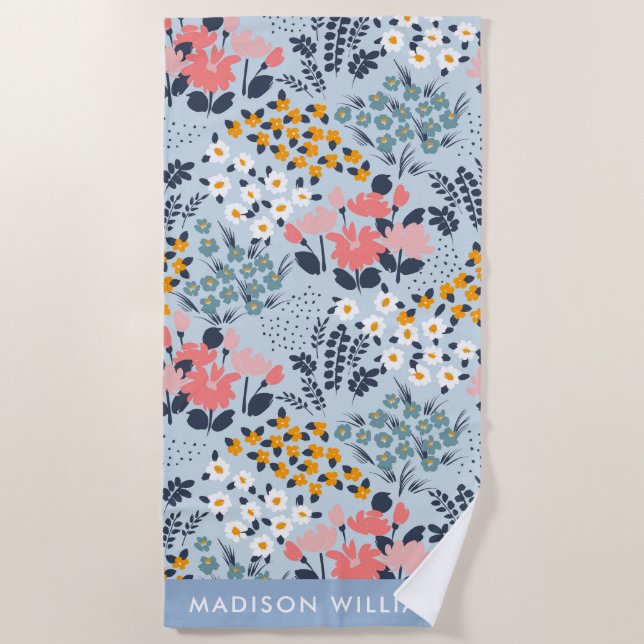 Toalha De Praia Na moda Elegante de Flores Monogramas (Frente)