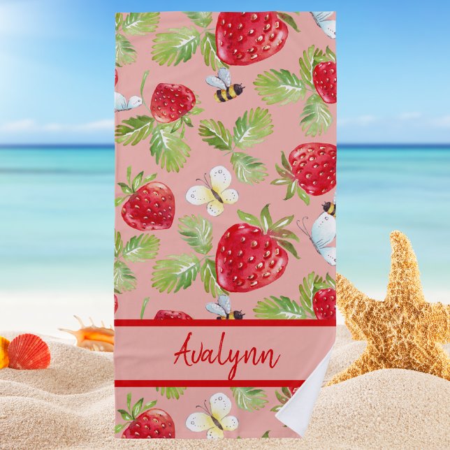 Toalha De Praia Na moda moderno Trendy Girly Strawberry & Bee (Criador carregado)