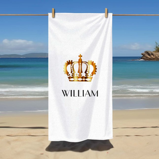 Toalha De Praia Na moda Royal Dourado Crown Name White (Stylish Royal Gold Crown Name White Beach Towel)