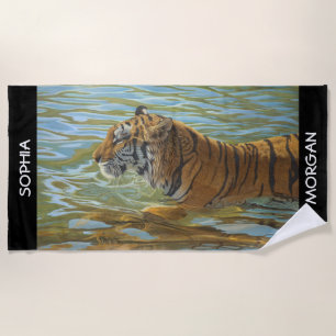 Toalha De Praia Nadar Tigre, Personalizar Nomes, Preto