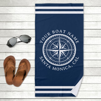 Toalha De Praia Name of your boat Nautical Compass Navy blue